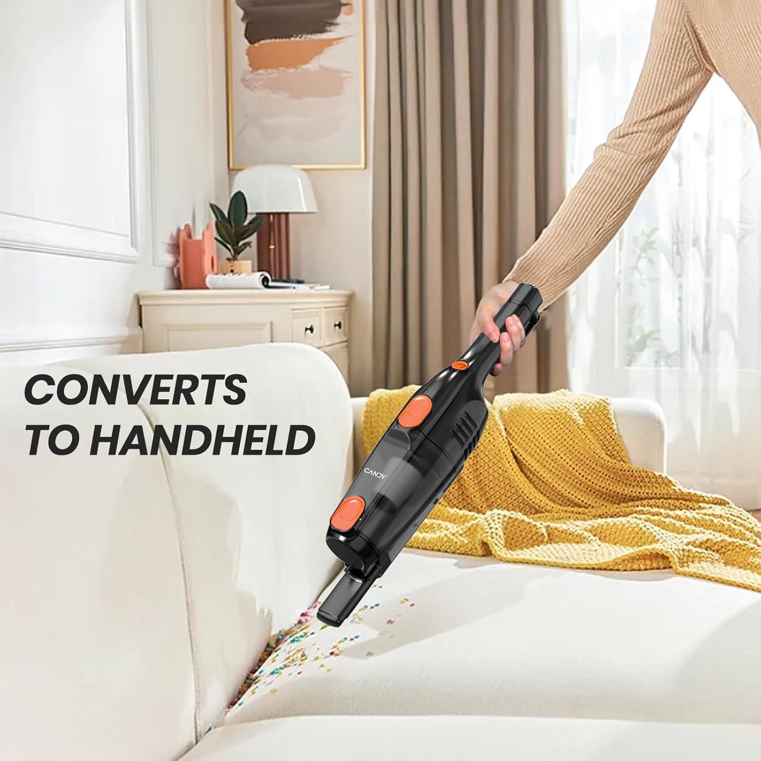 Candy corded stick vacuum demonstrates one-click dust disposal for quick emptying