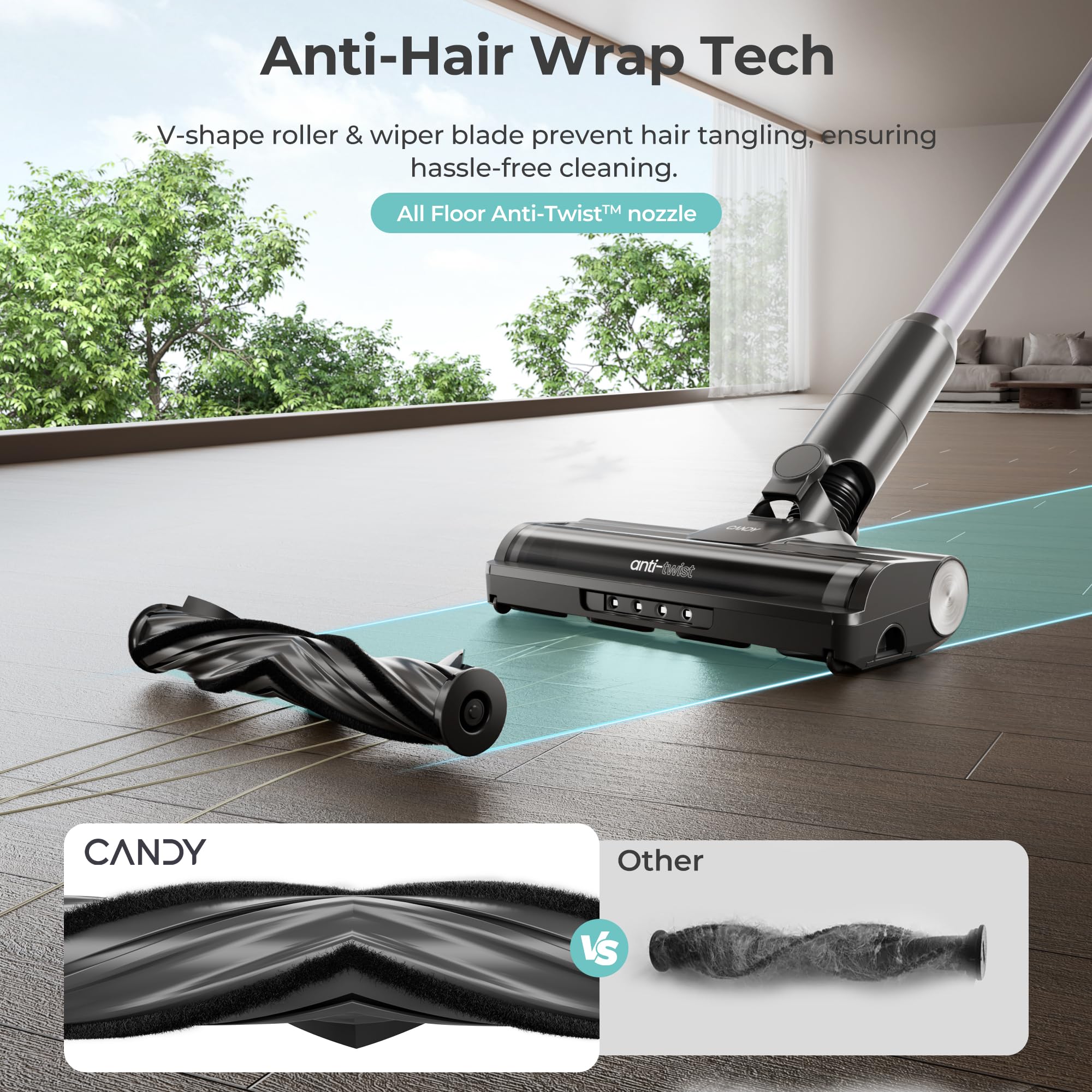 Candy cordless vacuum cleaner shown in handheld mode for stairs and tight spaces.