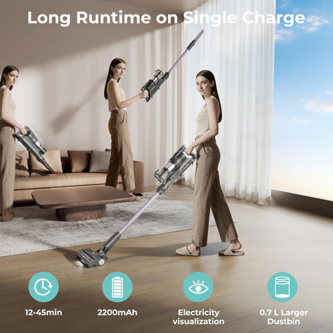 Candy cordless vacuum cleaner LED headlights reveal hidden dust along bases.