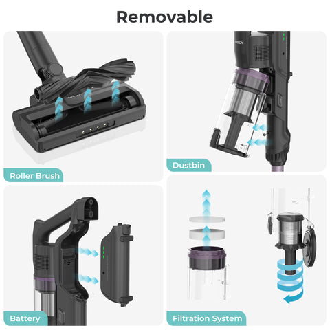 Candy cordless vacuum with wall-mount keeps charging dock organized.