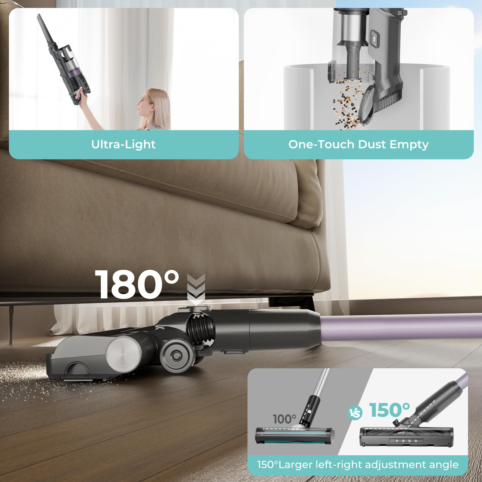 Candy vacuum's 270° swivel lets you maneuver around corners.
