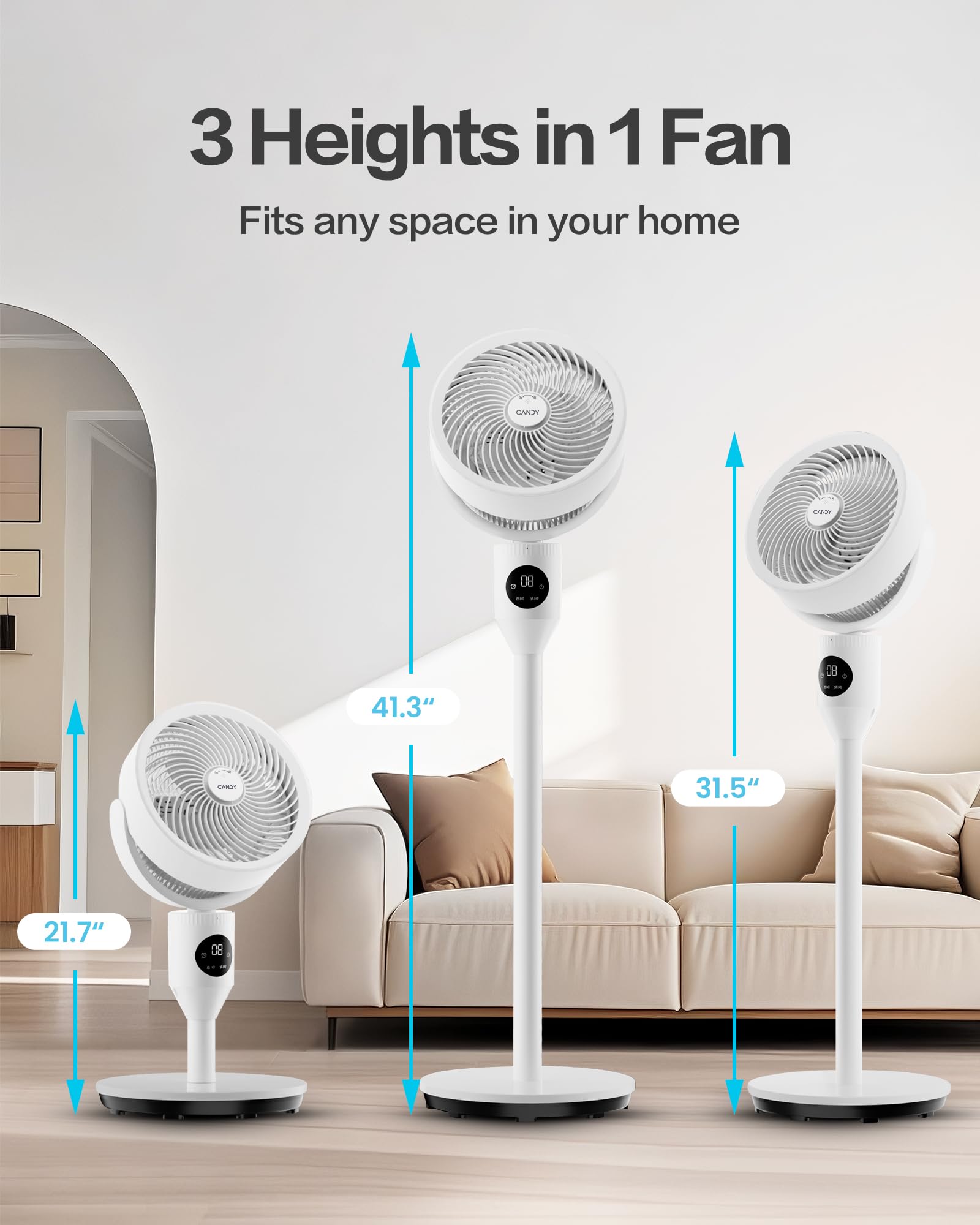 Candy Standing Fan height-adjustment directs airflow from floor to desk