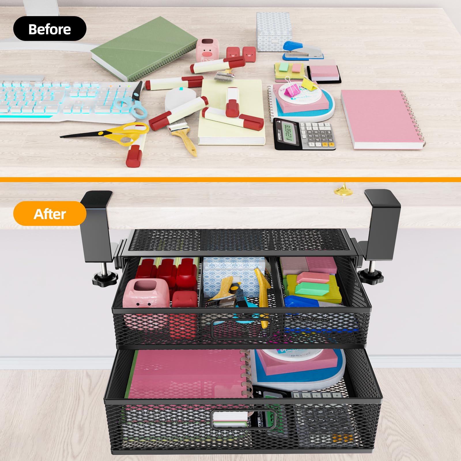 Cankm clamp-on desk storage unit adds portable organization without drilling.