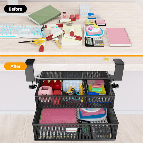 Cankm clamp-on desk storage unit adds portable organization without drilling.