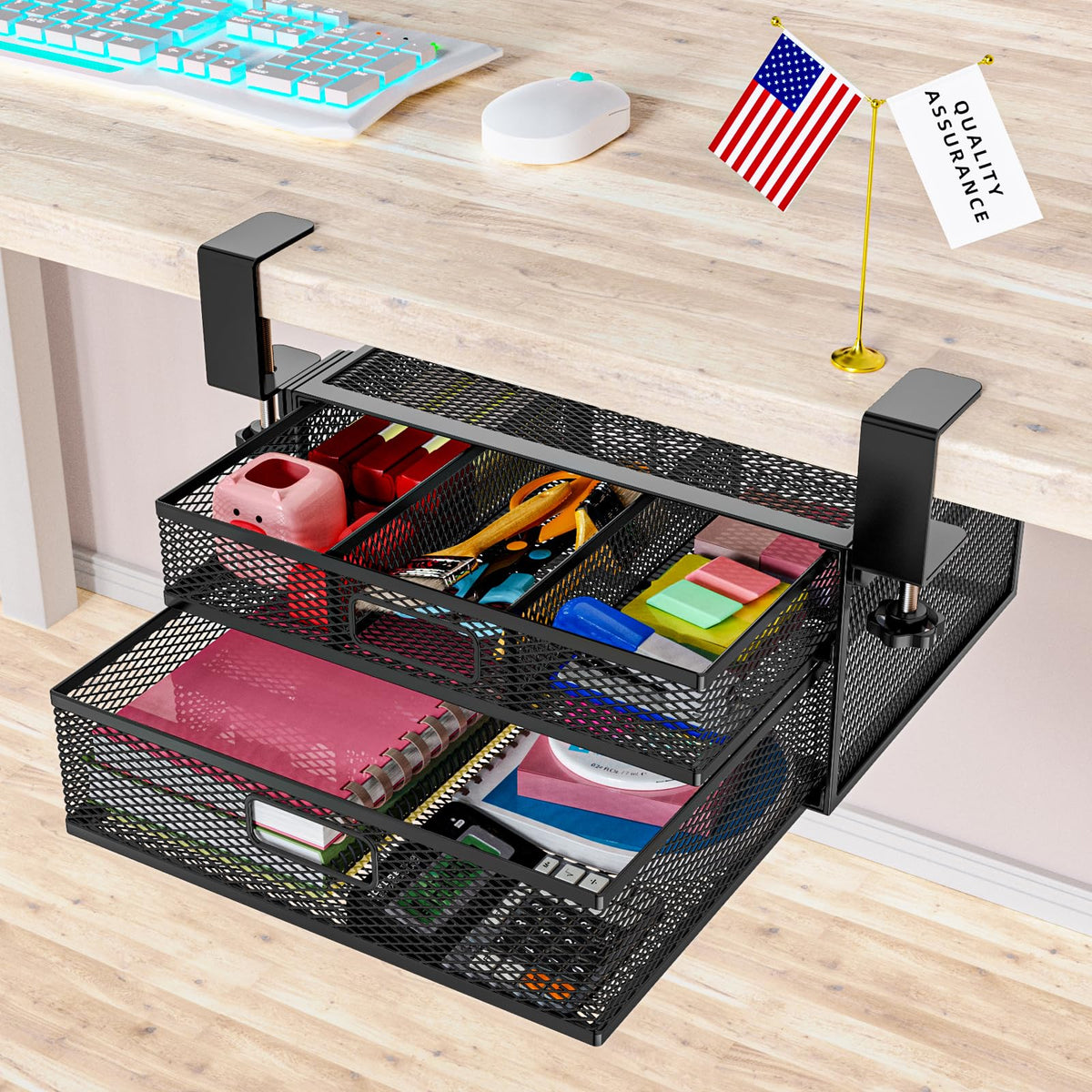 Cankm under-desk drawer with two sliding drawers keeps desk essentials organized.