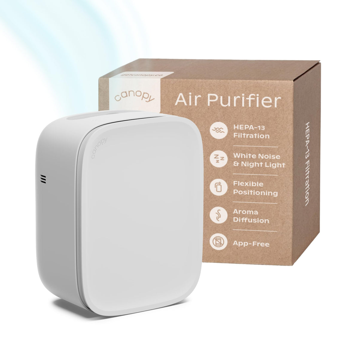 Canopy Bedside Air Purifier front view on a nightstand for small bedrooms