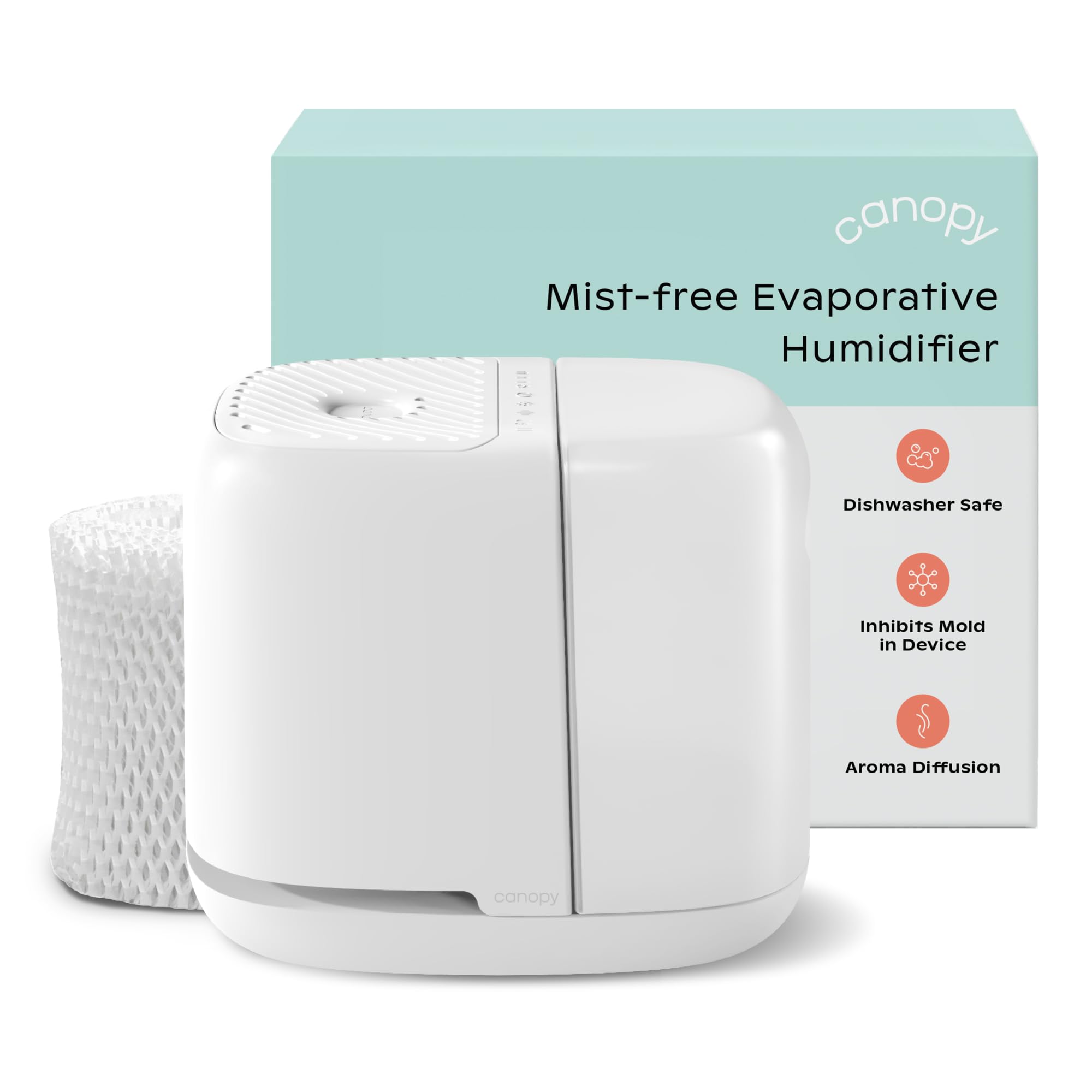 Canopy Bedside Humidifier 2.0 front view highlighting compact bedroom design.