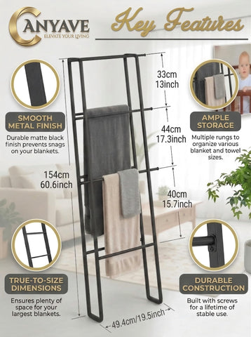 CANYAVE towel rack demonstrates vertical storage for towels and blankets in a compact area.