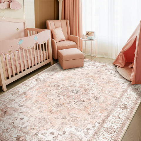 Capaloca machine-washable rug with pink floral pattern for bright nursery decor.