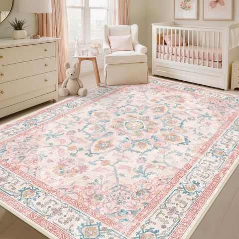 CAPALOCA nursery rug full view in pink and teal for bedroom decor