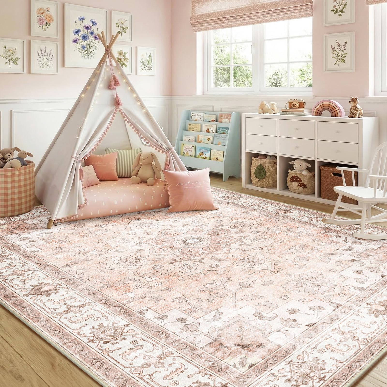 CAPALOCA pink rug is machine washable for easy cleanup after activities.