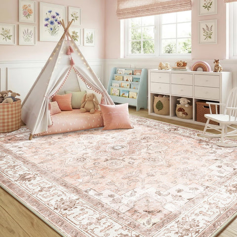CAPALOCA pink rug is machine washable for easy cleanup after activities.