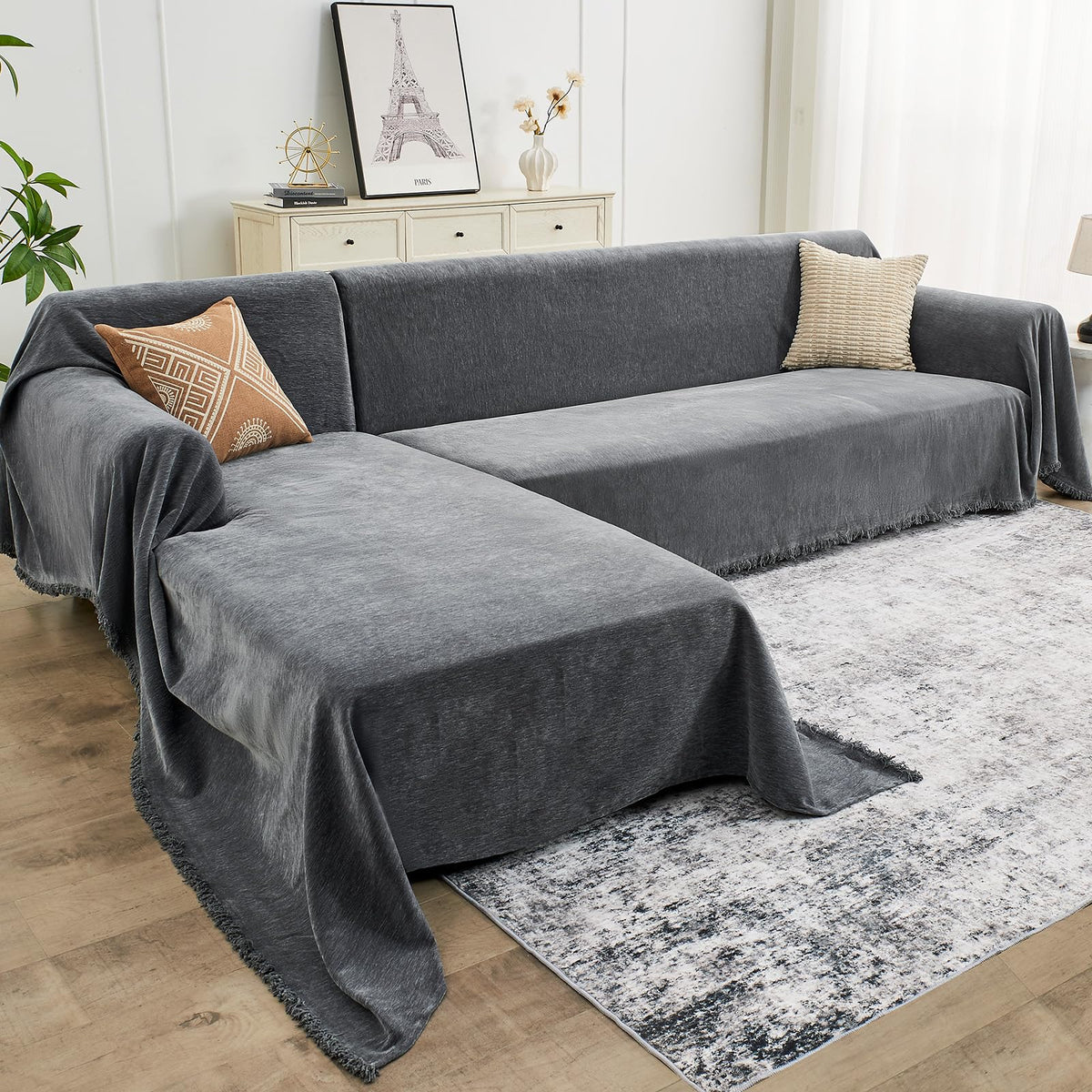 CAPALOCA sectional chenille two-piece L-shape cover protecting a sofa from pet hair