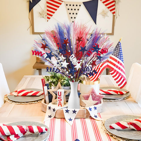 Caplidou patriotic floral picks in red, white, and blue enhance festive decor.