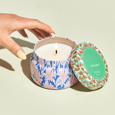 Capri Blue Pattern Play travel tin label closeup highlights stylish decor appeal