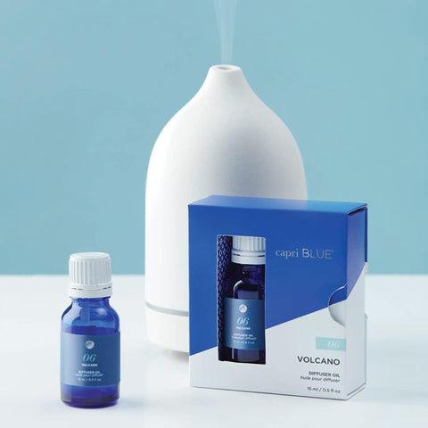 Close-up of Capri Blue Volcano refill bottle releasing tropical notes