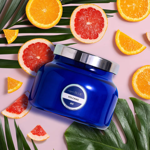 Capri Blue Volcano jar closeup shows iconic cobalt blue glass and premium design.