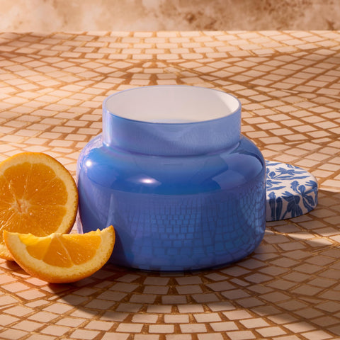 Capri Blue Volcano jar highlights bold tropical-fruit notes for uplifting spaces.