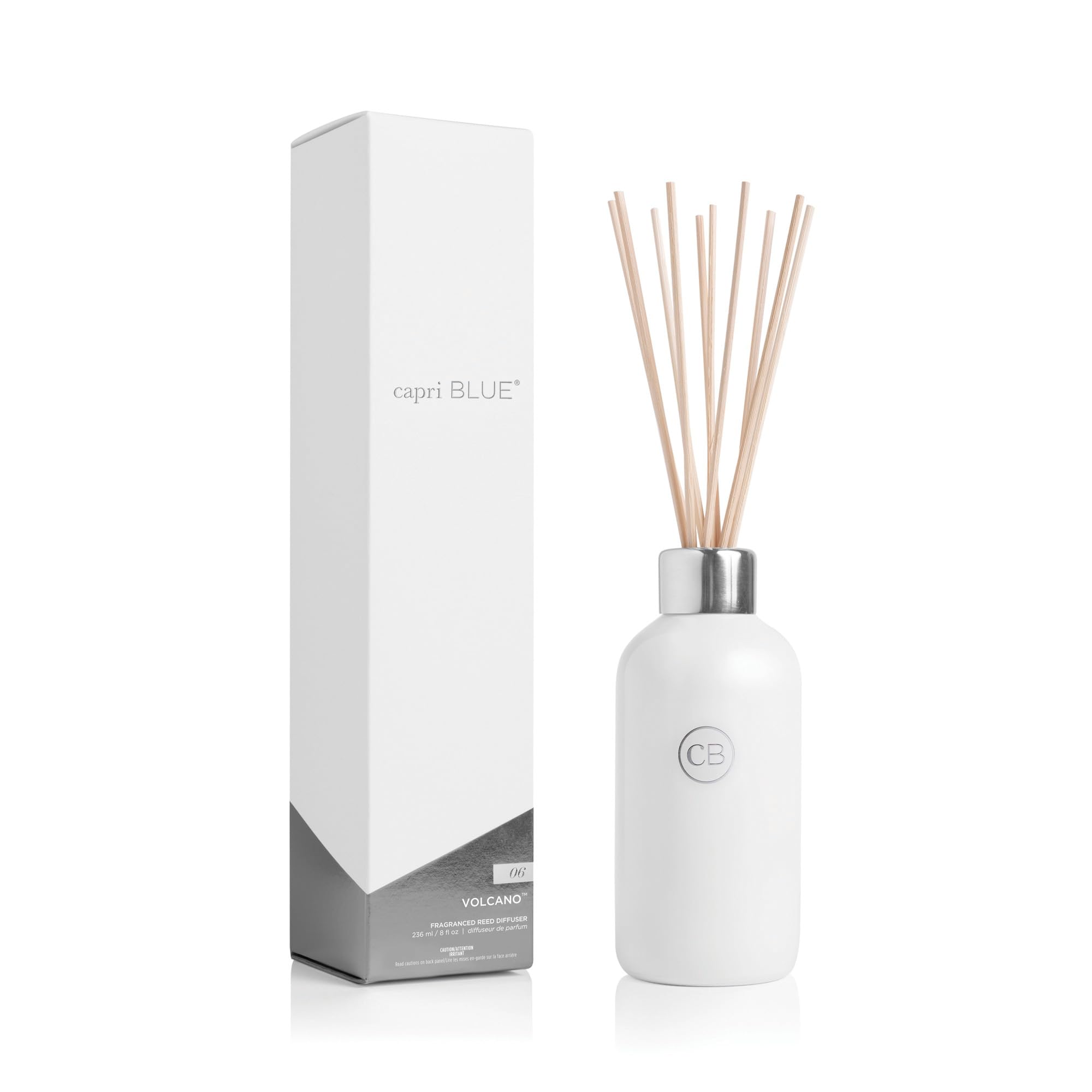 Capri Blue Volcano diffuser bottle shows the white glass container ready for continuous fragrance