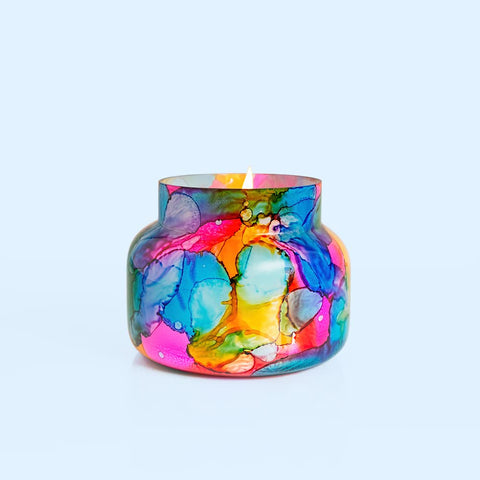 Capri Blue Volcano signature jar close-up shows watercolor detailing.