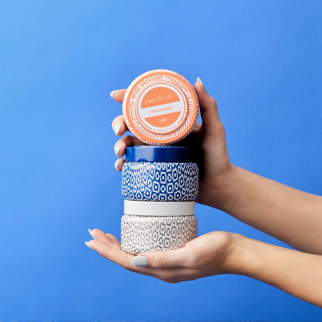 Capri Blue Volcano travel tin burn time up to 40 hours.