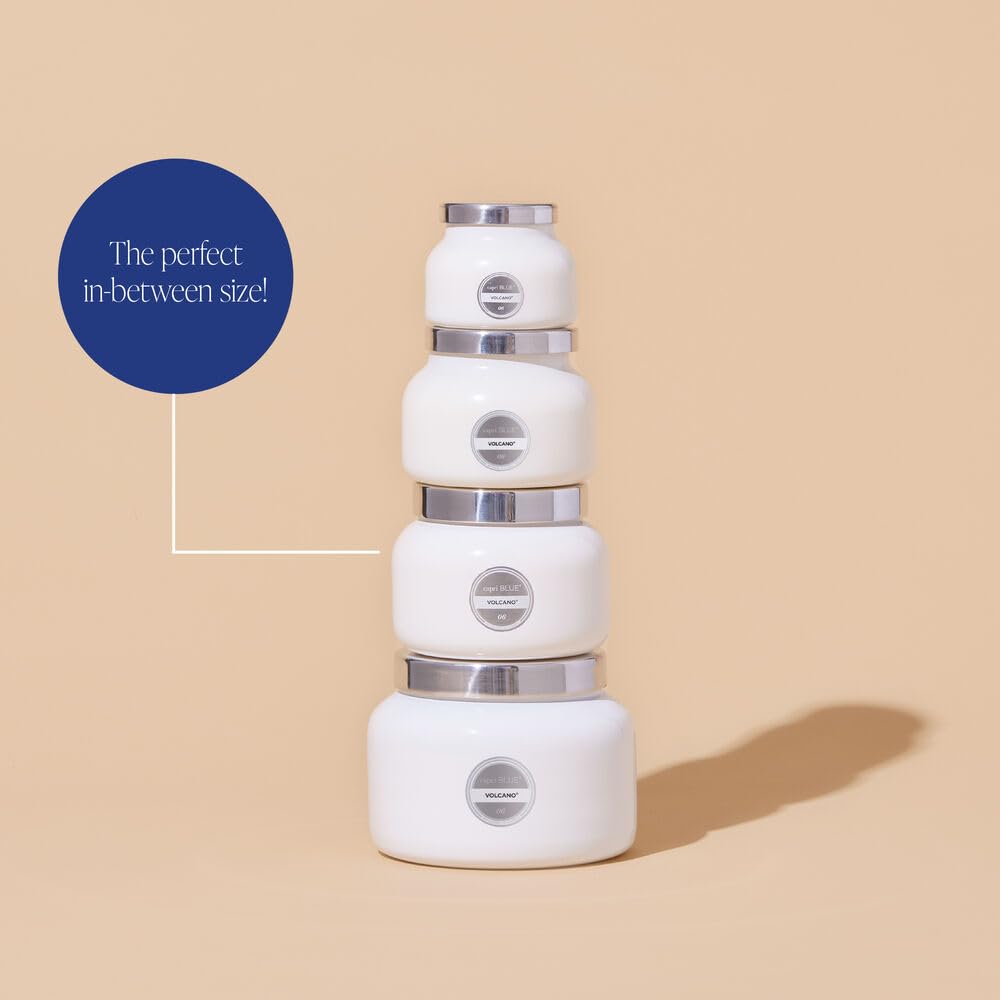Capri Blue Volcano white jar close-up, clean modern decor aesthetic.
