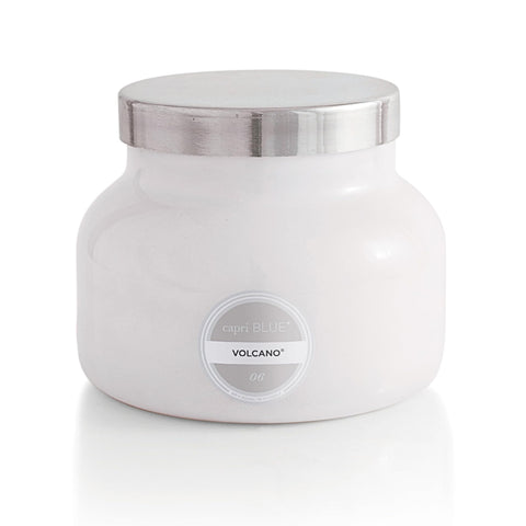 Capri Blue Volcano white jar candle brightens spaces with tropical citrus aroma.