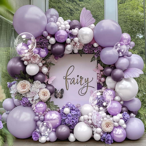Captank dusty purple and white balloons arch kit creates a soft party backdrop