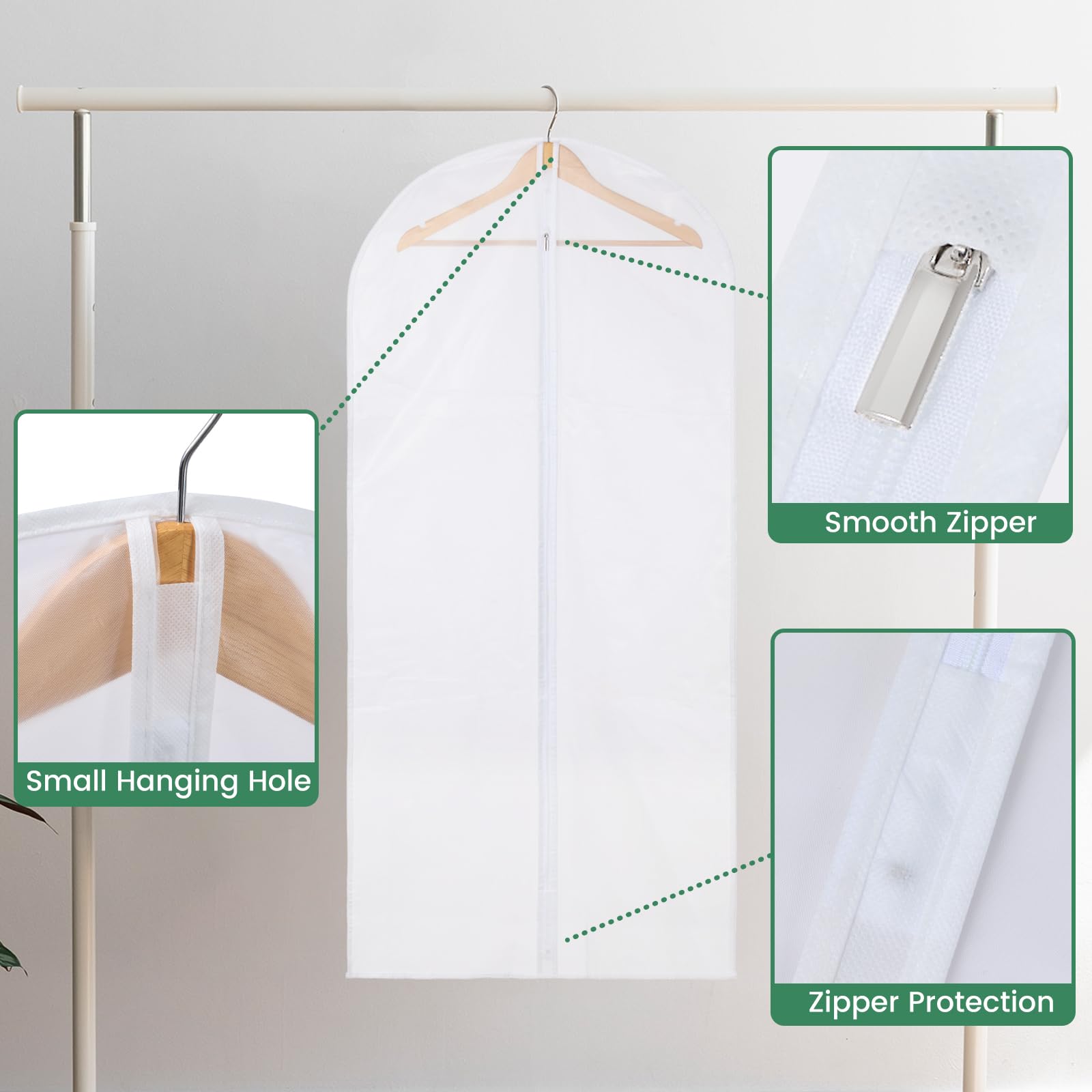 Carbrea garment bags in closet setup help keep clothes neat and tidy.
