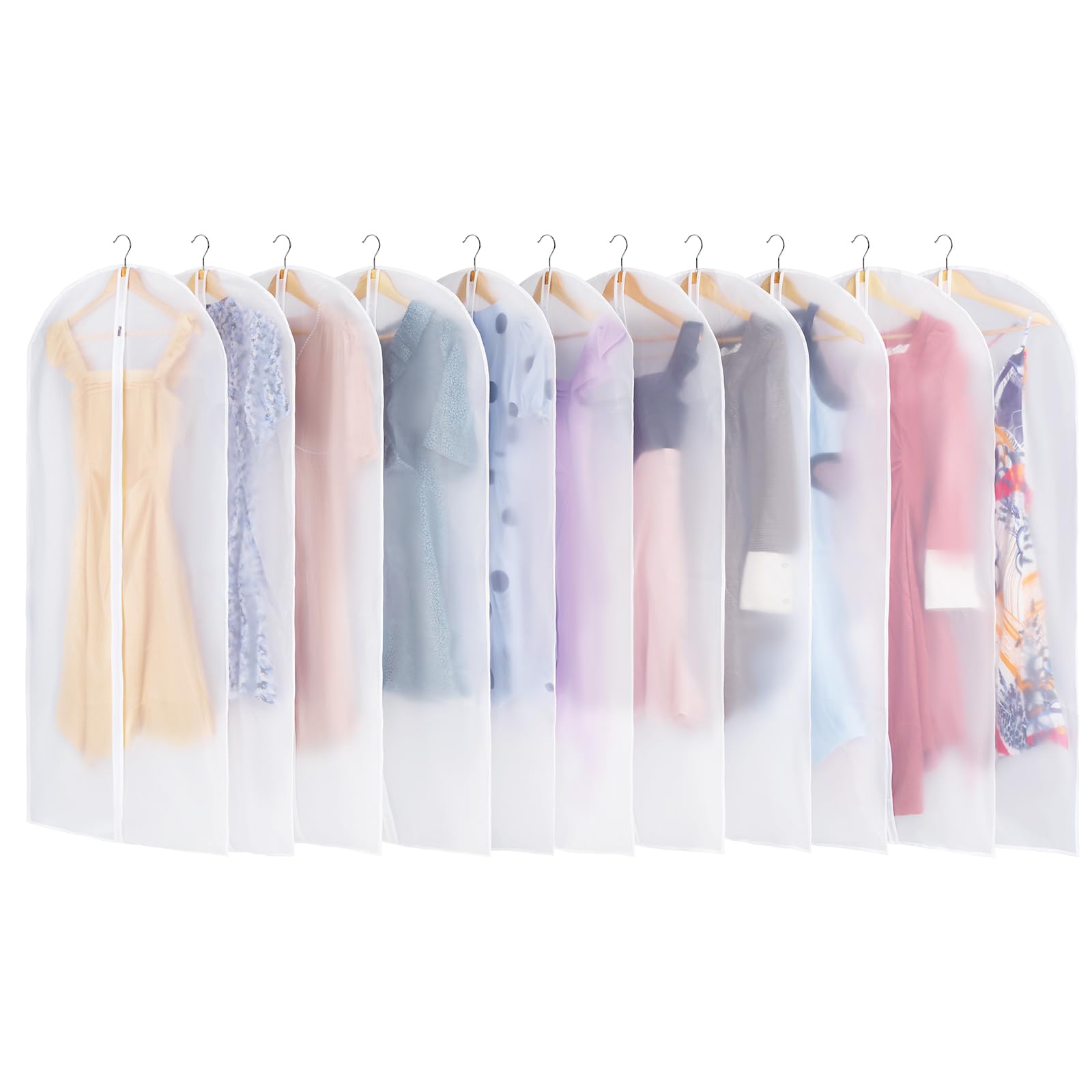 Carbrea 12-pack garment bags for hanging clothes protect outfits in closet while keeping contents visible.