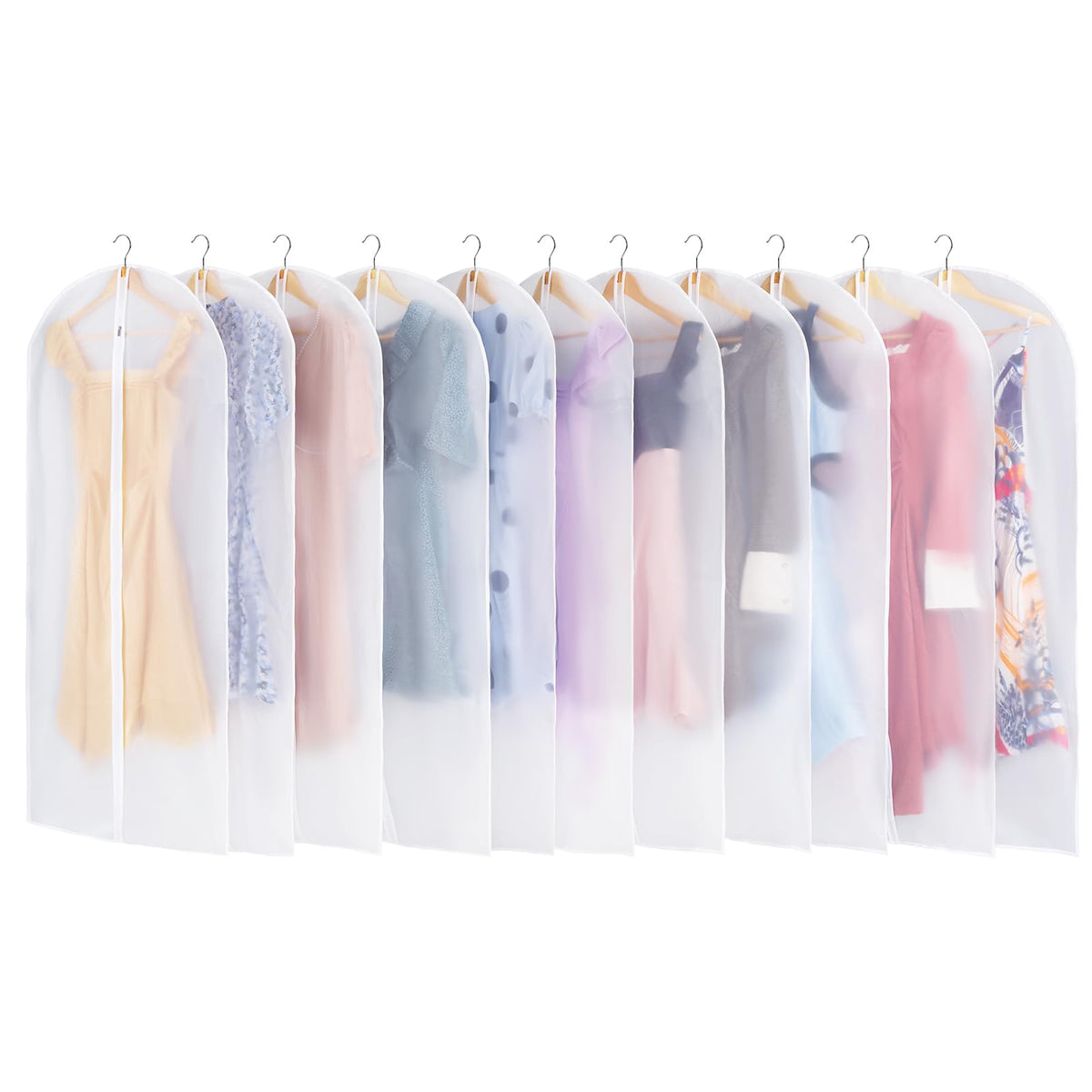 Carbrea 12-pack garment bags for hanging clothes protect outfits in closet while keeping contents visible.