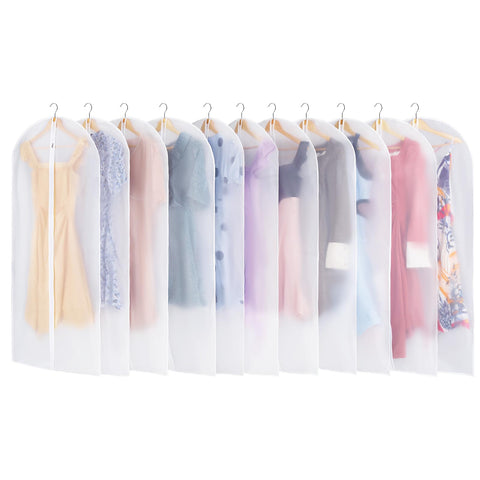 Carbrea 12-pack garment bags for hanging clothes protect outfits in closet while keeping contents visible.