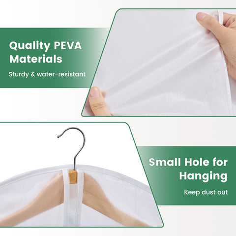 Carbrea clear garment bag on a rack, contents visible at a glance.