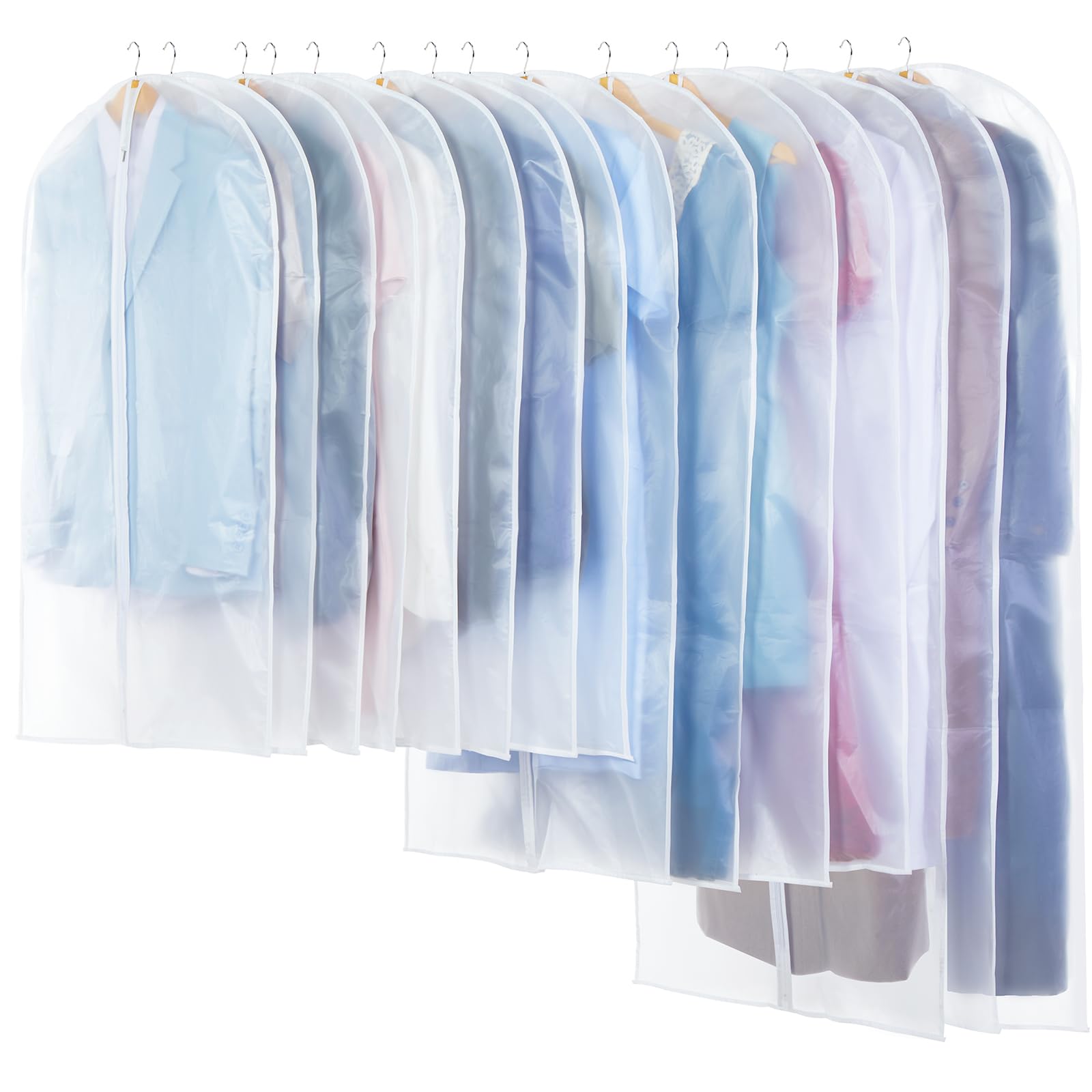 Carbrea translucent 24x40 garment bag viewed on a hanger, easy visibility.