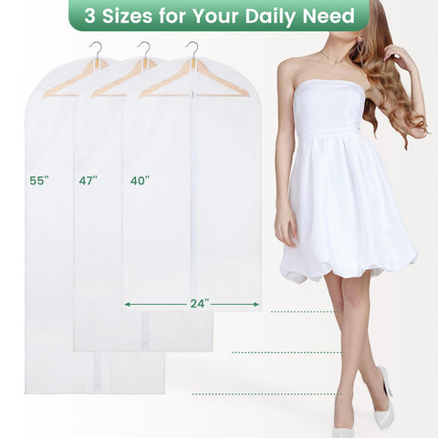 Carbrea translucent 24x47 garment bag showing mid-size length for outfits.