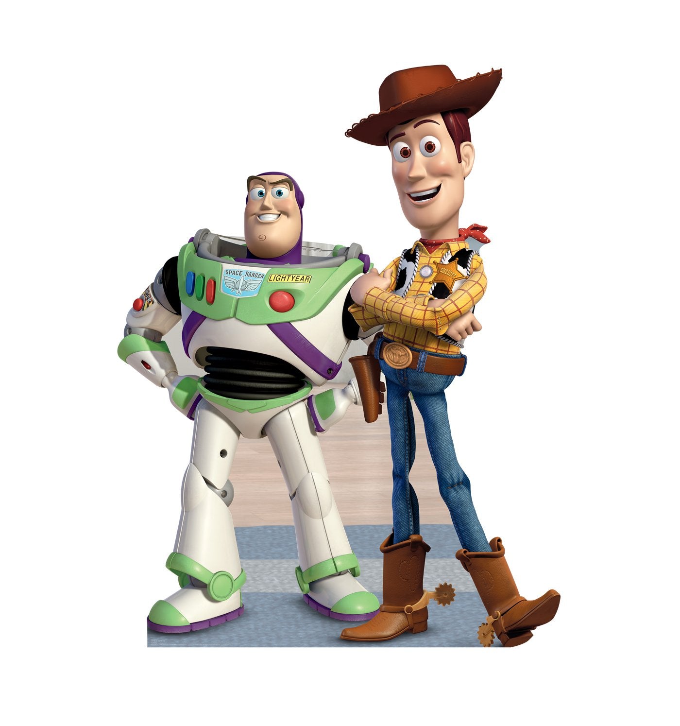 Cardboard People Buzz life-size cutout standup for immersive Toy Story photo moments, ideal for parties.