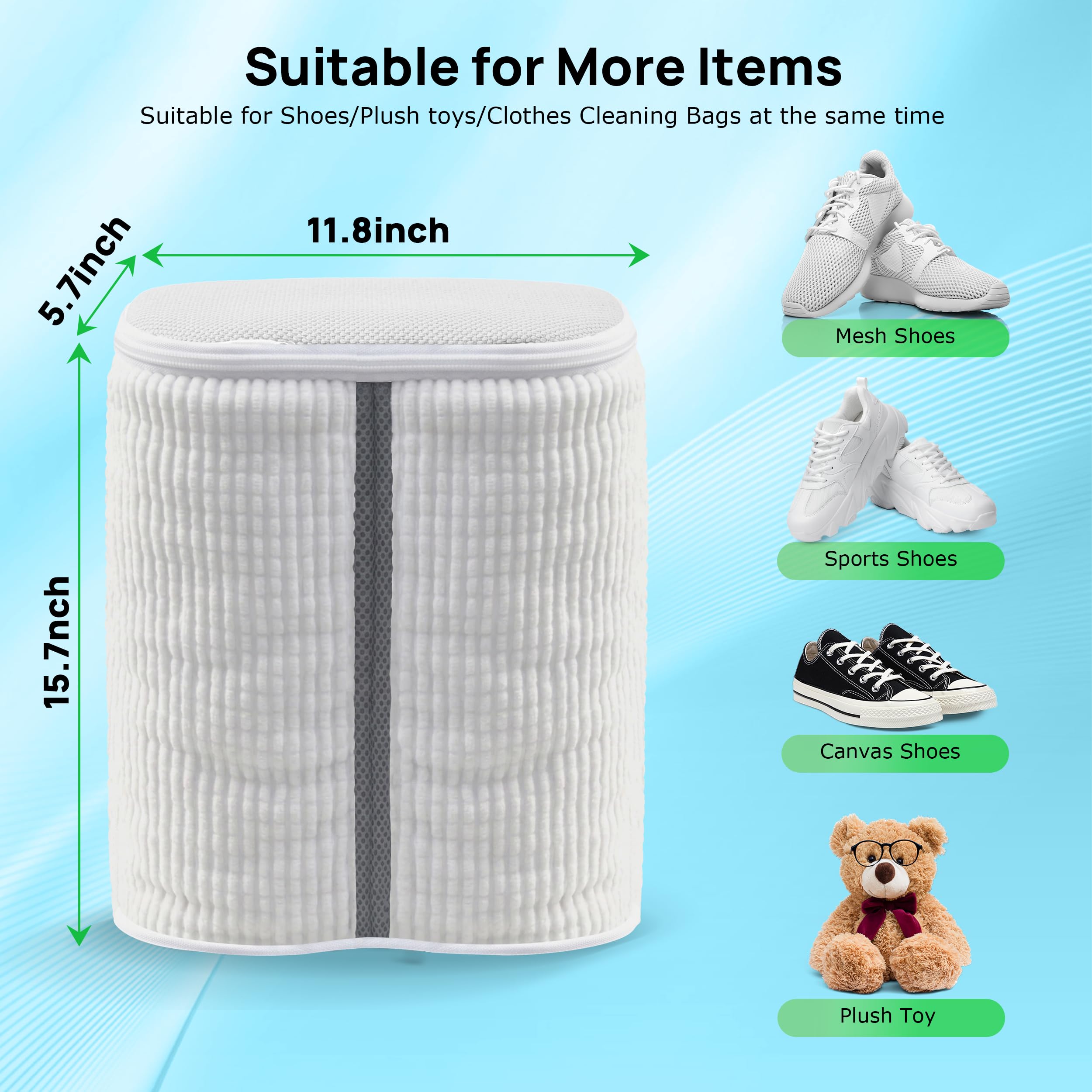 Carefree Finds complete bag set fits most sneakers for safe, thorough machine cleaning.