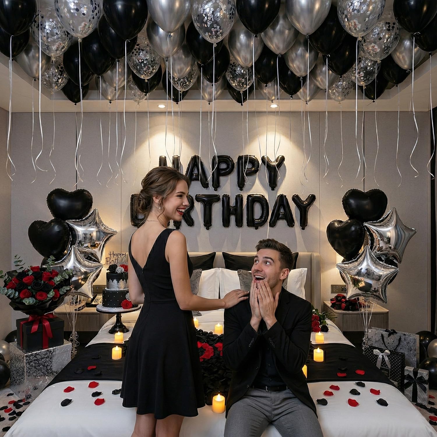 Carnira black confetti balloons add subtle sparkle to the celebration.