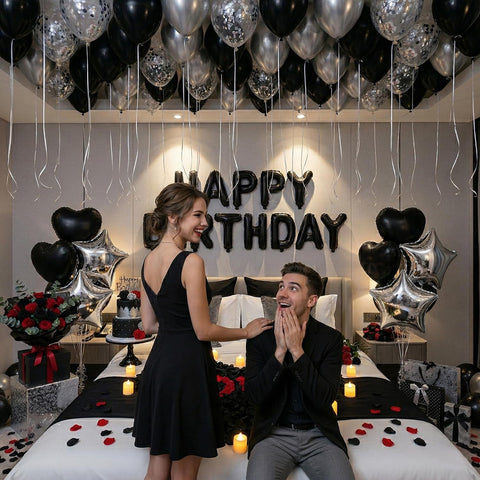 Carnira black confetti balloons add subtle sparkle to the celebration.