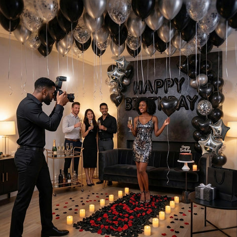 Carnira black heart foil balloons provide a romantic focal point.