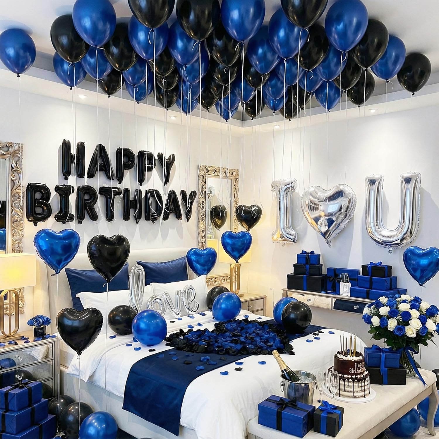 Carnira blue, black, and silver balloon collection for a romantic celebration.
