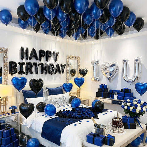 Carnira blue, black, and silver balloon collection for a romantic celebration.