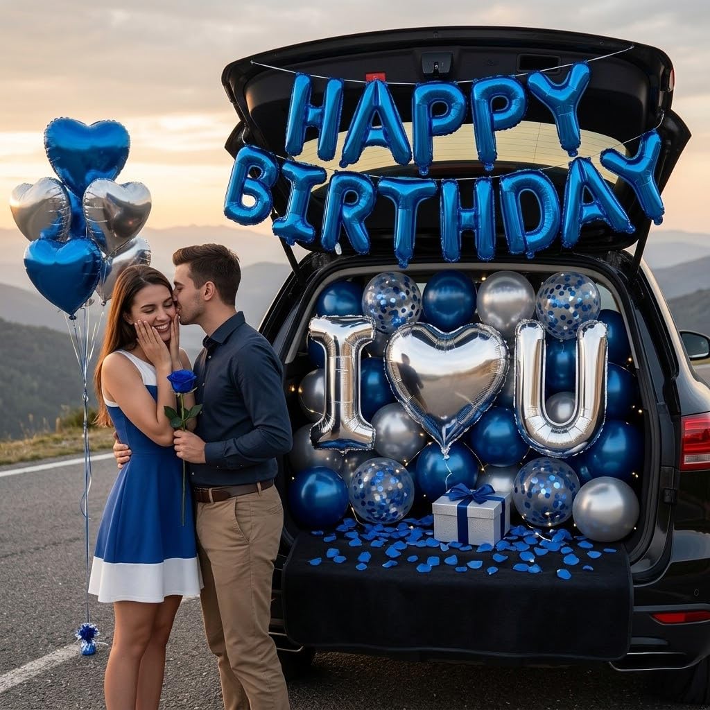 Carnira blue confetti balloons sparkle with playful birthday energy.