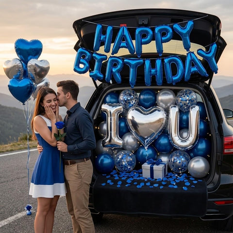 Carnira blue confetti balloons sparkle with playful birthday energy.