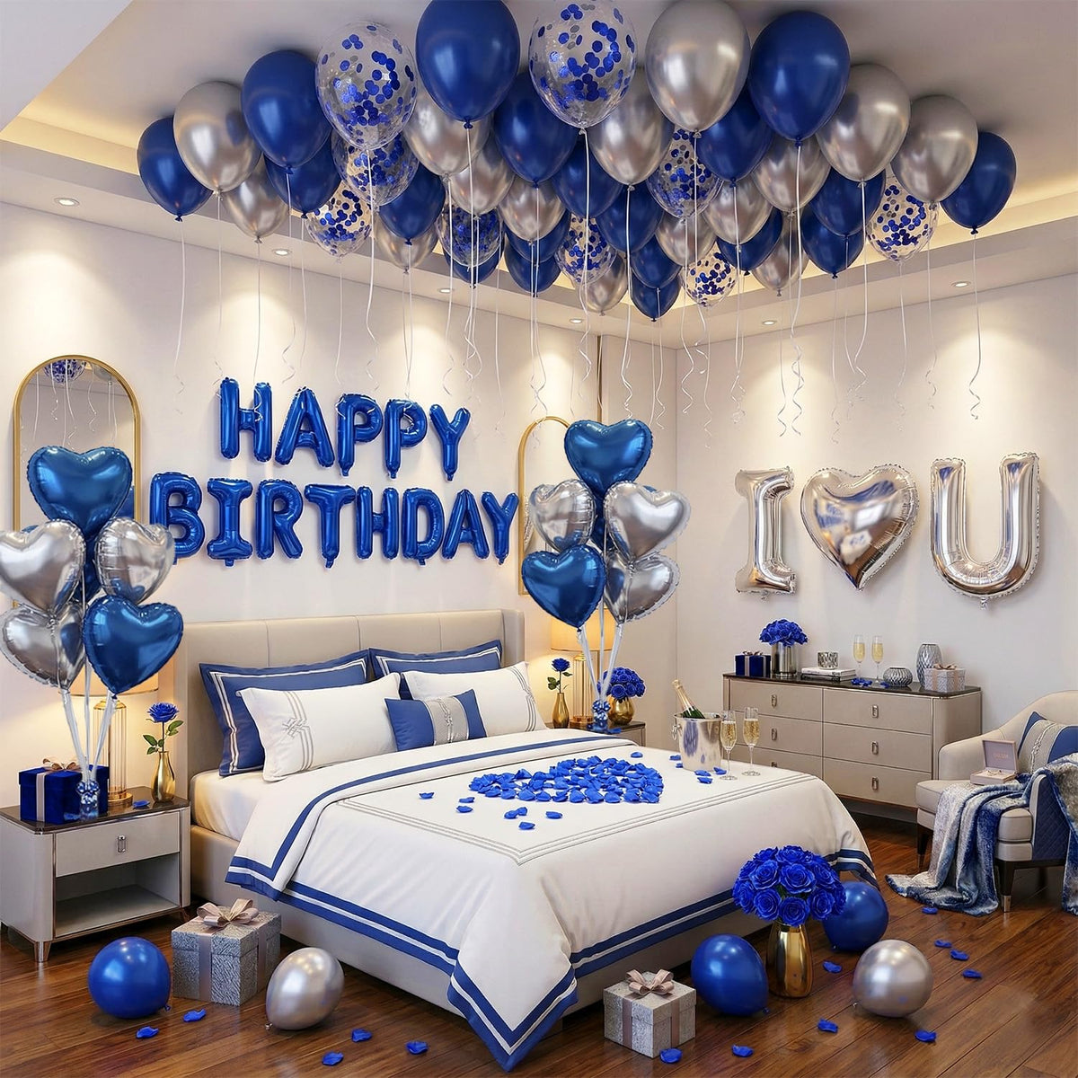 Carnira blue-silver balloons create a stylish romantic room setup.