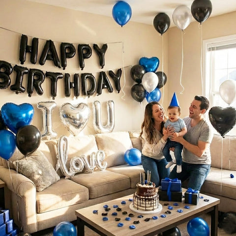 Carnira dark blue foil heart balloons add modern contrast to a mood set.
