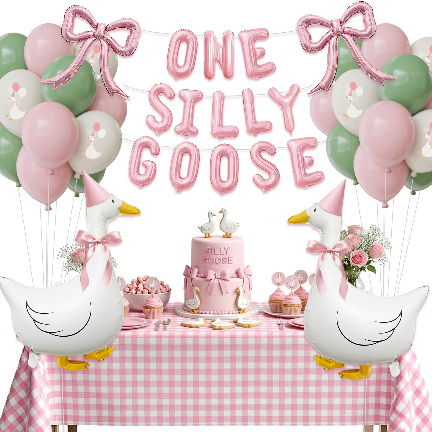 Carnira One Silly Goose balloons add playful birthday charm for photos and cake-table displays