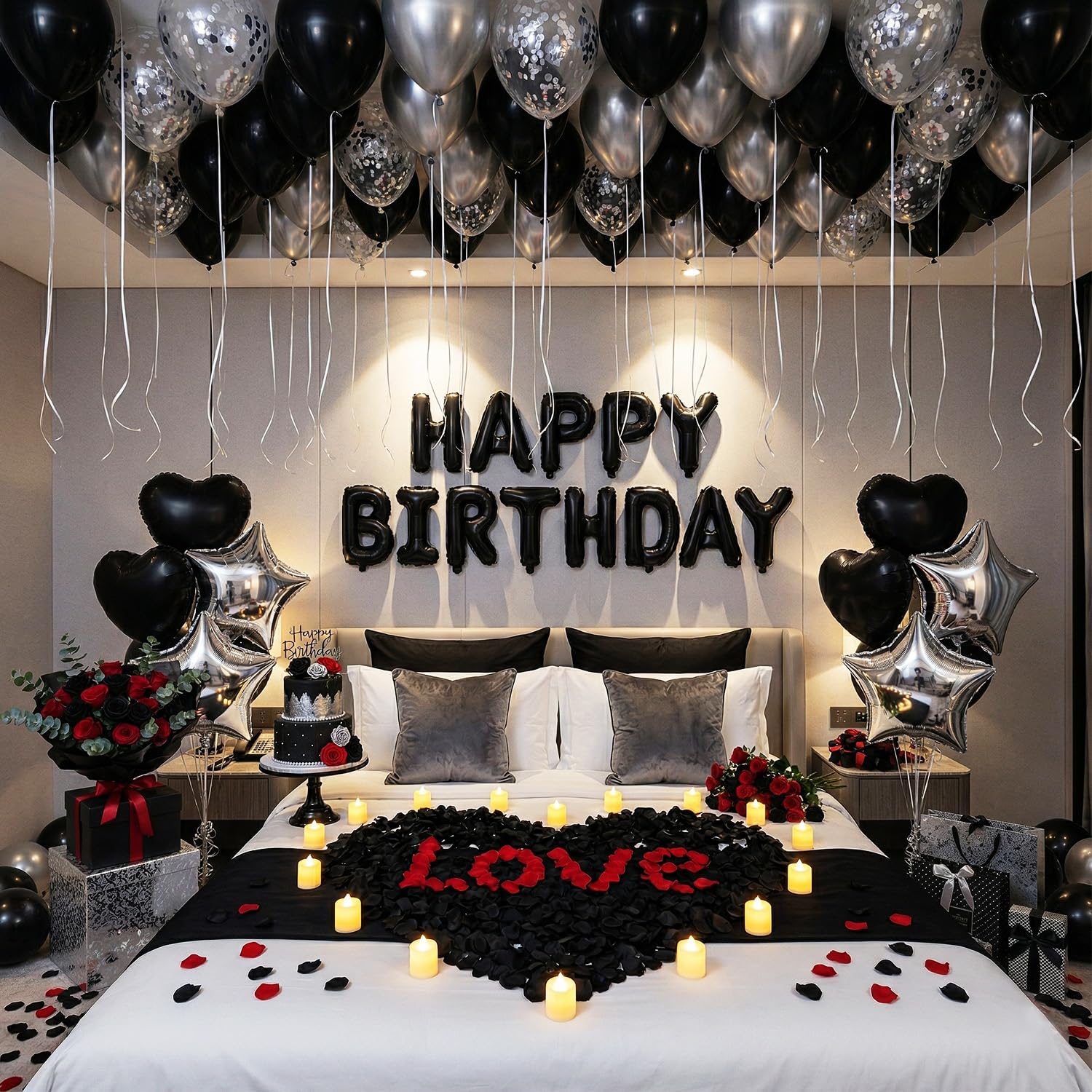 Carnira romantic birthday balloons set in black and silver for a stylish surprise.