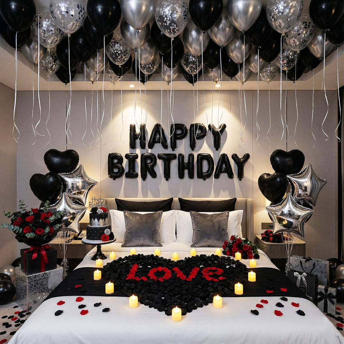 Carnira romantic birthday balloons set in black and silver for a stylish surprise.