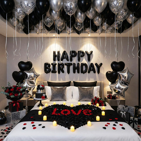 Carnira romantic birthday balloons set in black and silver for a stylish surprise.